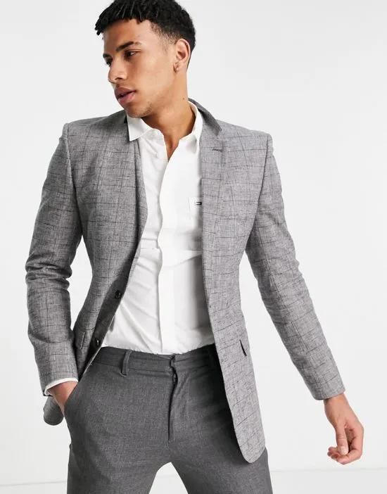 ASOS DESIGN super skinny blazer with prince of wales linen mix check in navy