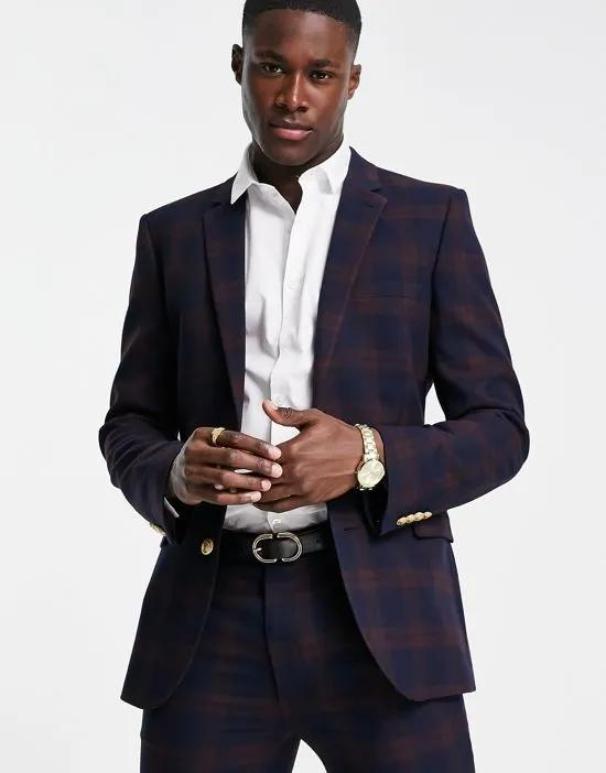 ASOS DESIGN super skinny suit jacket in burgundy mid scale check with gold button