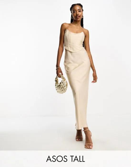 ASOS DESIGN Tall bandeau contrast fabric slip maxi dress with corset detail in gold