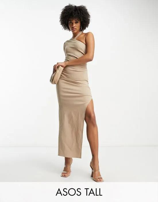 ASOS DESIGN Tall bengaline one shoulder wrap neck body-conscious midi dress with split in camel