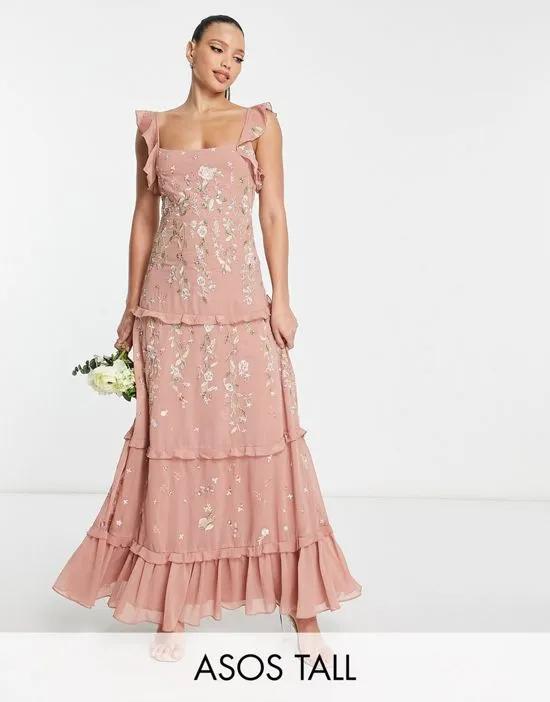 ASOS DESIGN Tall Bridesmaid cami embellished maxi dress with embroidery in rose