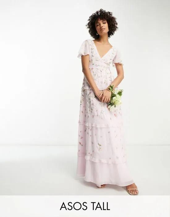 ASOS DESIGN Tall Bridesmaid flutter sleeve embellished wrap maxi dress with embroidery in light pink