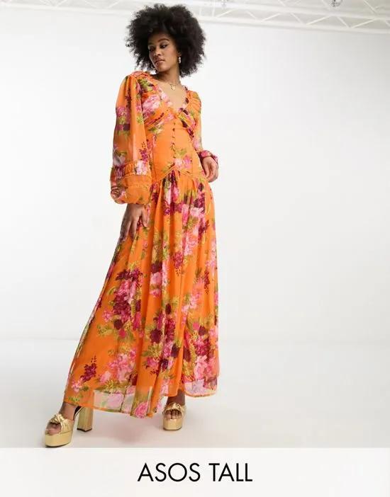 ASOS DESIGN Tall button up pintuck maxi dress with lace inserts in orange floral print
