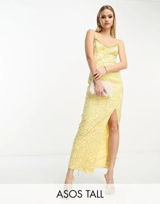 ASOS DESIGN Tall cami sequin embellished seamed midi dress in lemon