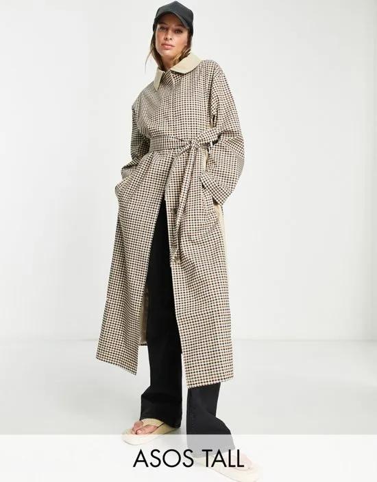 ASOS DESIGN Tall check trench coat in stone
