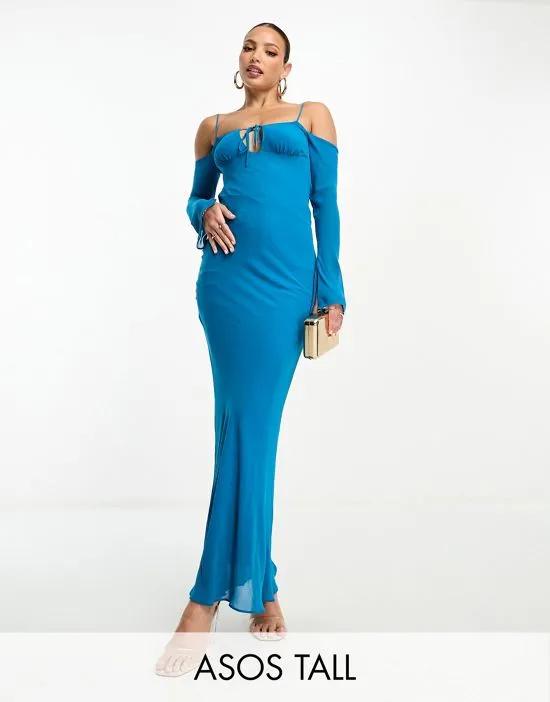 ASOS DESIGN Tall cold shoulder long sleeve tie front bias maxi dress in teal blue