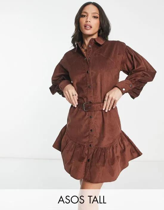 ASOS DESIGN Tall cord mini shirt dress with buckle in brown