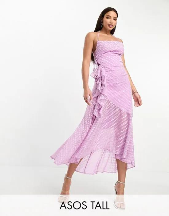 ASOS DESIGN Tall cowl neck frill detail hi low hem midi slip dress with tie side in textured lilac