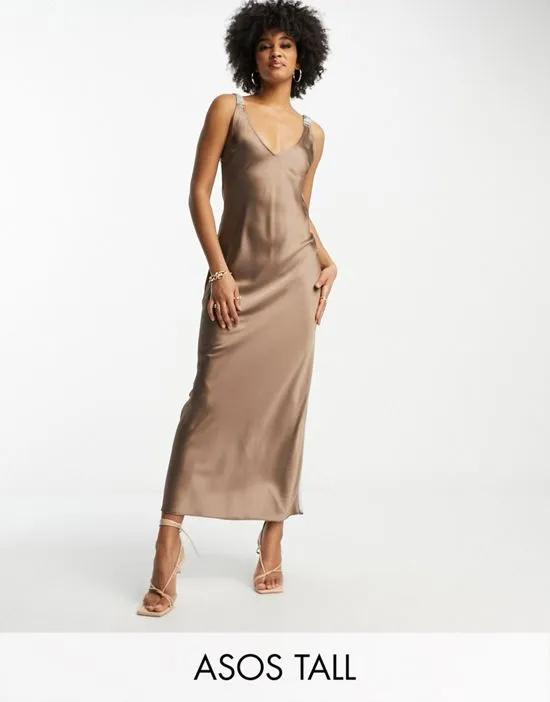 ASOS DESIGN Tall elasticated back satin slip midi dress in mocha and gray color block