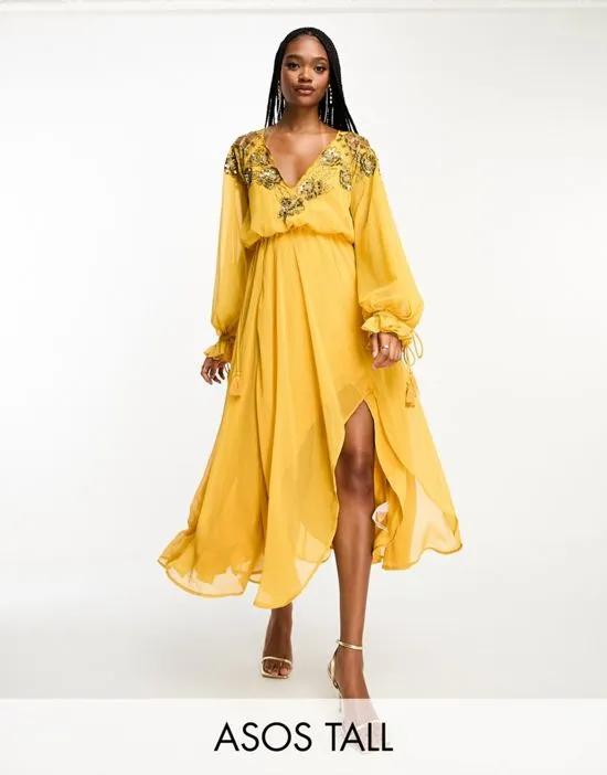 ASOS DESIGN Tall embellished floral and lattice detail midi dress with elasticated waist in mustard