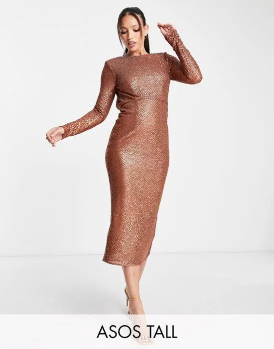 ASOS DESIGN Tall embellished sequin pencil midi dress in gold