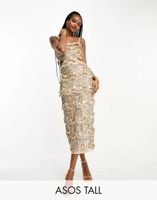 ASOS DESIGN Tall embellished teardrop sequin midi dress with cut out waist detail in cream
