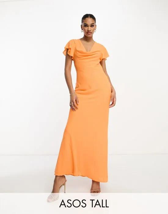 ASOS DESIGN Tall flutter sleeve cowl neck maxi dress in hot orange