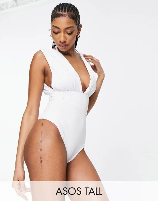 ASOS DESIGN Tall gathered plunge swimsuit in white