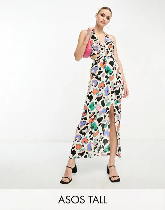 ASOS DESIGN Tall halter neck cut out midi dress in colored print