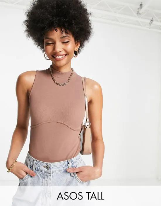 ASOS DESIGN Tall high neck bodysuit with bust seams in neutral
