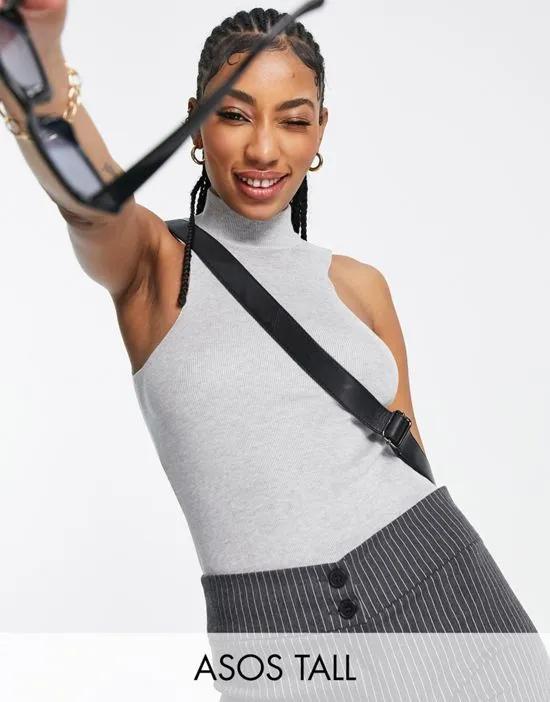 ASOS DESIGN Tall knitted bodysuit with racer detail and open back in gray heather - part of a set