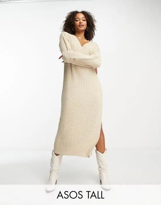 ASOS DESIGN Tall knitted maxi sweater dress with v neck in oatmeal