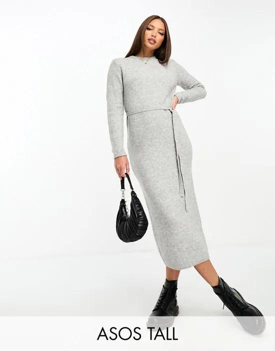 ASOS DESIGN Tall knitted midi dress with tie waist in gray