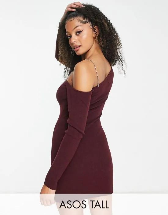 ASOS DESIGN Tall knitted mini dress with embellished strap in dark red