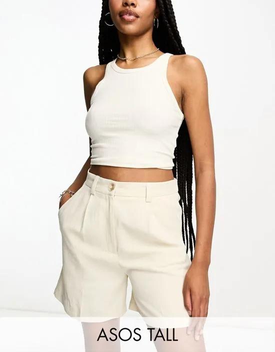 ASOS DESIGN Tall linen dad shorts in stone
