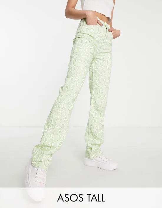 ASOS DESIGN Tall mid rise 90s straight leg jeans in green swirl print