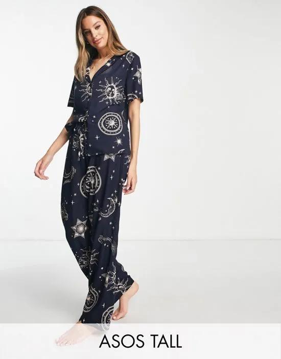 ASOS DESIGN Tall modal horoscope shirt & pants pajama set in navy
