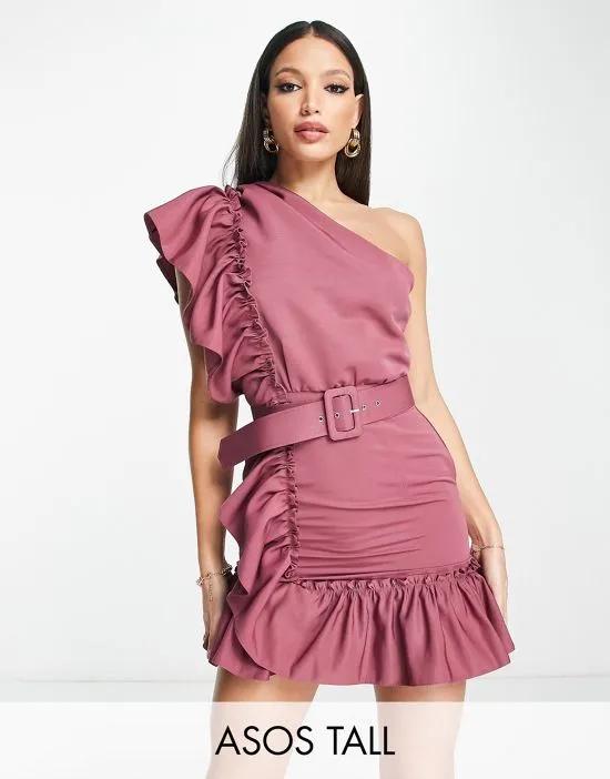 ASOS DESIGN Tall one shoulder detail belted frill mini dress in berry