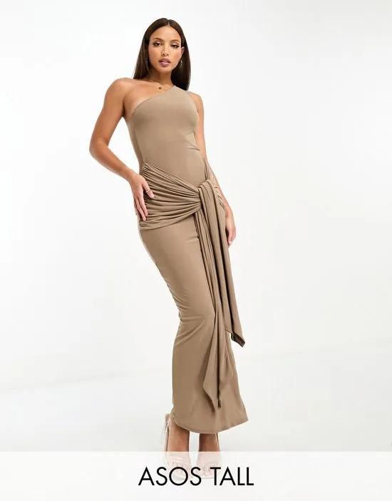 ASOS DESIGN Tall one-shoulder extreme knot sash midi dress in gray