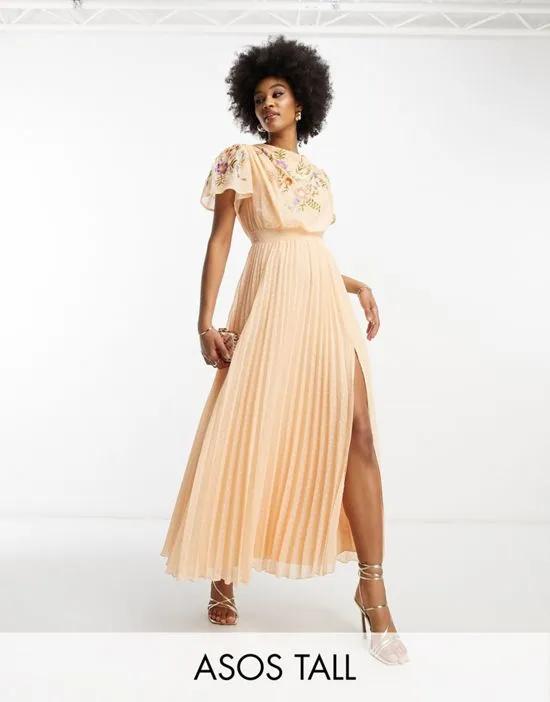 ASOS DESIGN Tall pleated textured cowl front embroidered maxi dress with belt in coral
