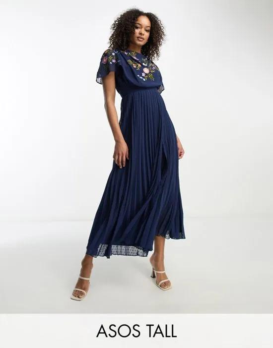 ASOS DESIGN Tall pleated textured cowl front embroidered midi dress in navy