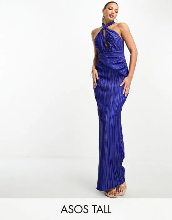 ASOS DESIGN Tall plunge halter cowl back plisse maxi dress in cobalt blue