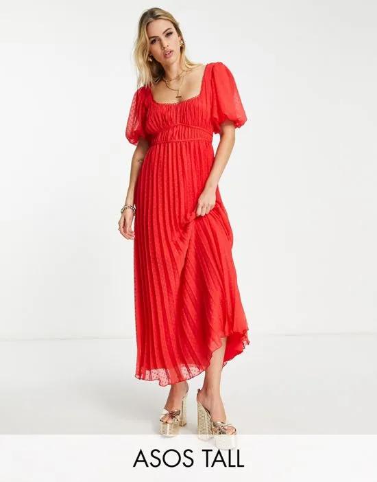 ASOS DESIGN Tall puff sleeve pleated textured midi dress with scallop trim in red