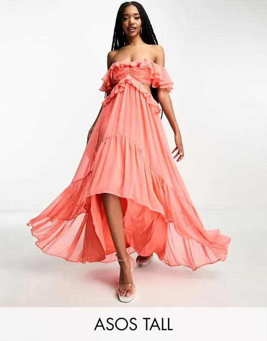 ASOS DESIGN Tall ruffle cut out off the shoulder maxi dress with hi low hem in coral