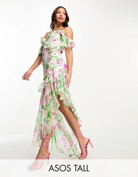 ASOS DESIGN Tall ruffle off shoulder assymetric maxi dress in floral print