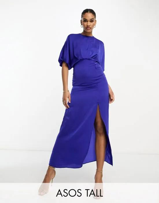 ASOS DESIGN Tall satin batwing midi dress with button side detail in cobalt