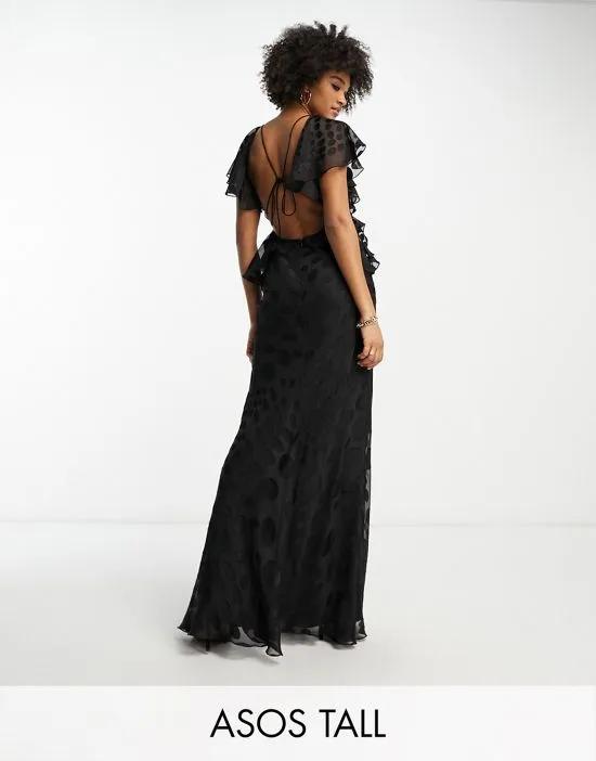 ASOS DESIGN Tall satin spot flutter sleeve maxi dress with open back in black