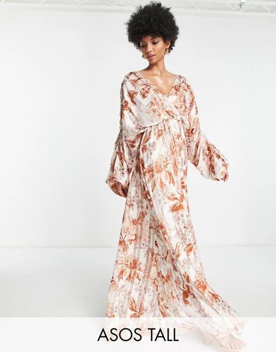 ASOS DESIGN Tall satin stripe blouson maxi dress with ring detail in floral print