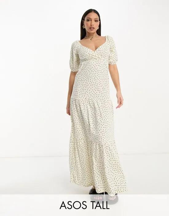 ASOS DESIGN Tall short sleeve wrap tiered midi dress in white base spot