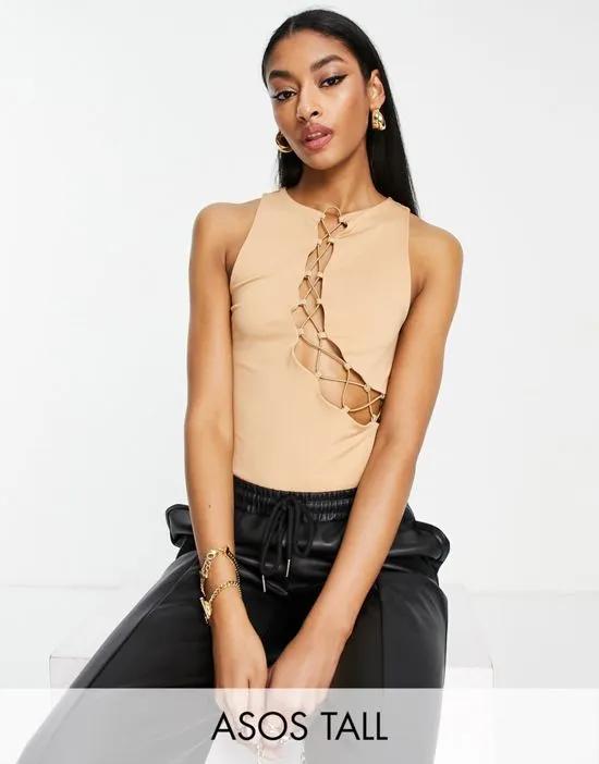 ASOS DESIGN Tall sleeveless bodysuit with lace up detail in camel