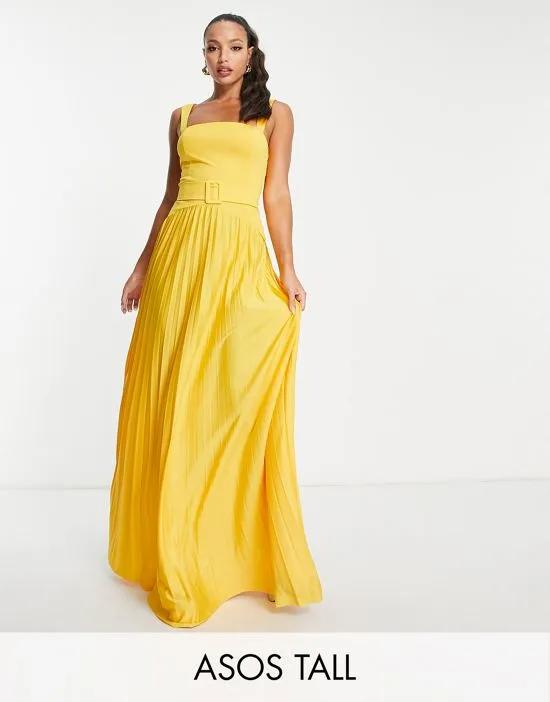 ASOS DESIGN Tall square neck dropped waist belted pleated maxi dress in marigold