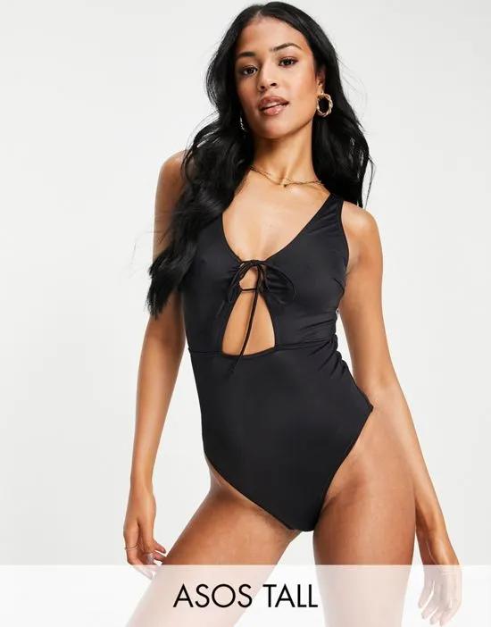 ASOS DESIGN Tall tie front cut out swimsuit in black