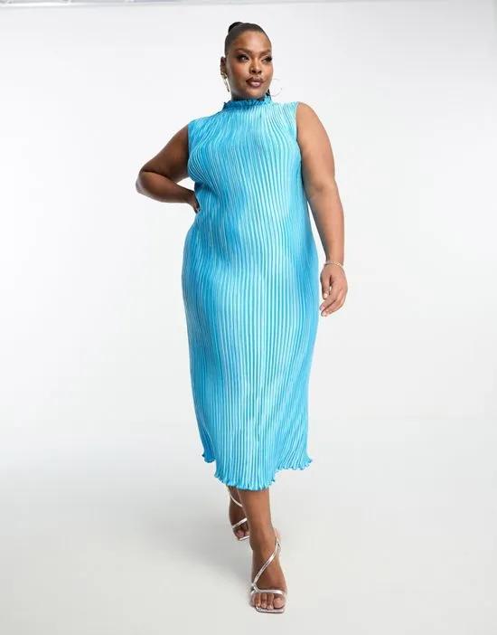 ASOS DESIGN US exclusive Curve satin plisse midi dress with high neck in turquoise