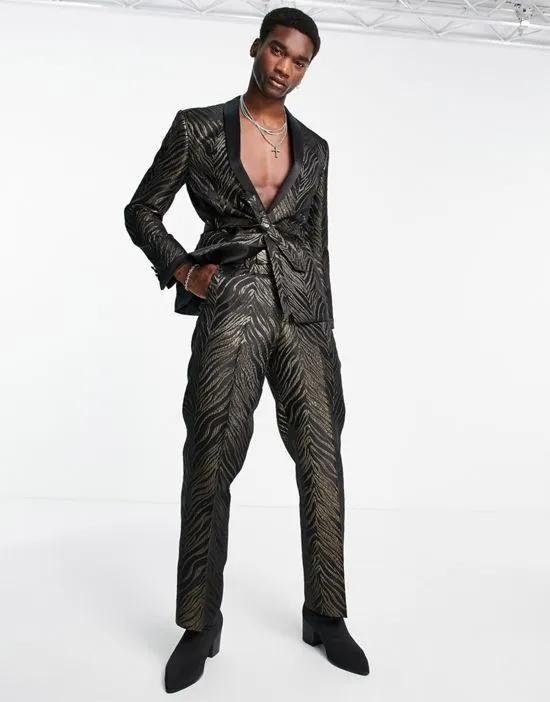 ASOS DESIGN wide leg suit pants in black and gold jacquard leaf pattern 