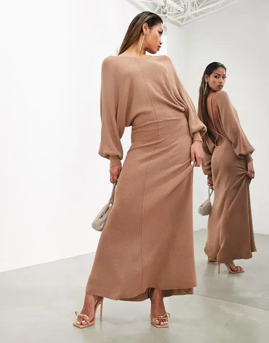 ASOS Edition backless long sleeve knitted midi dress in mocha
