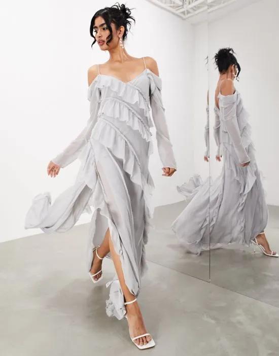 ASOS Edition long sleeve bias cut maxi dress with raw edge frills in light gray