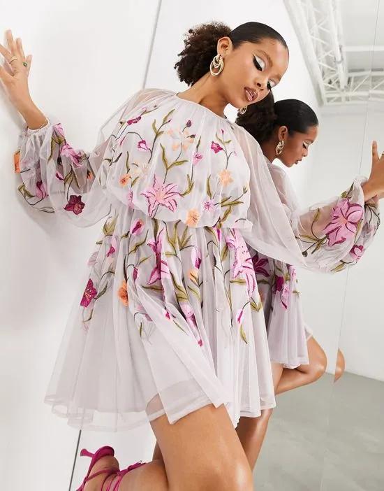 ASOS Edition mesh long sleeve mini dress with floral embroidery in blush
