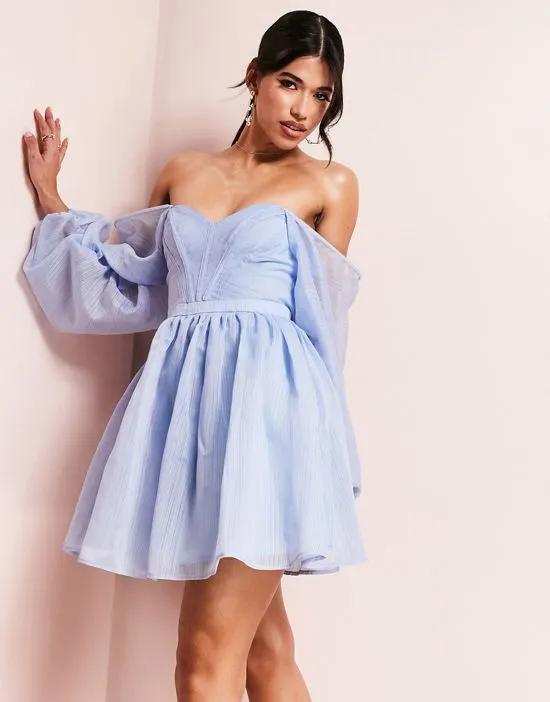 ASOS LUXE bardot corsetted wired sleeved mini skater dress in blue