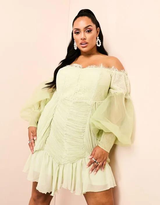ASOS LUXE Curve bardot lace ruched sheer puff sleeve mini dress in green