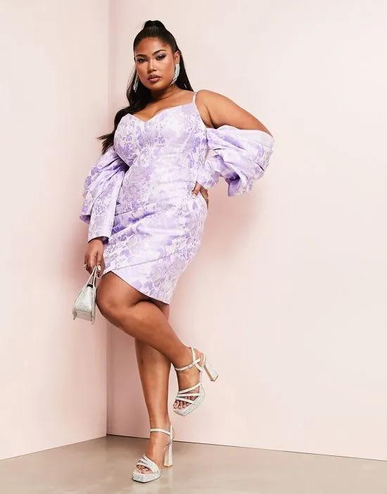 ASOS LUXE Curve bardot sleeve mini dress in purple jacquard